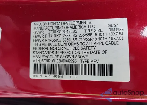 2022 Honda Odyssey Touring from USA, damaged, VIN 5FNRL6H85NB042295